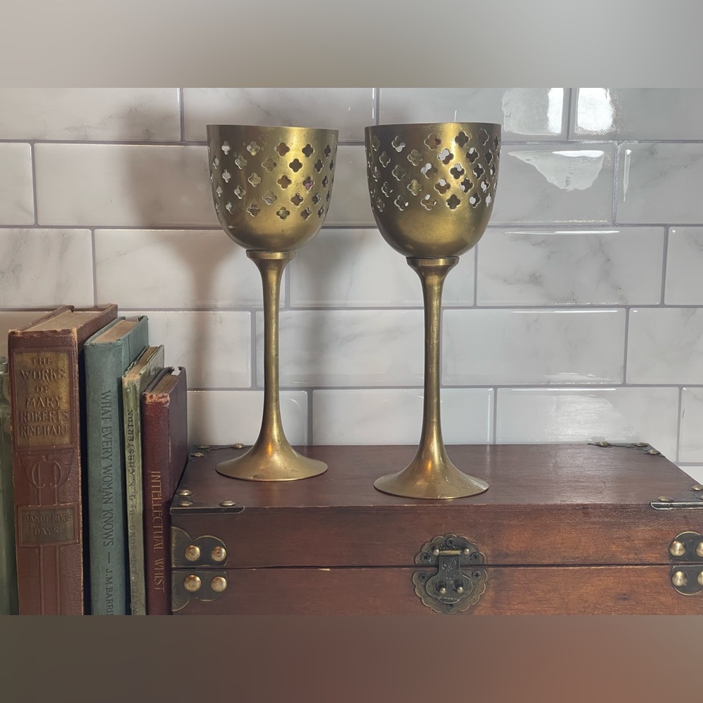Vintage Large Brass Chalet Goblet Candlestick Holders - Lot of 2. Made in India